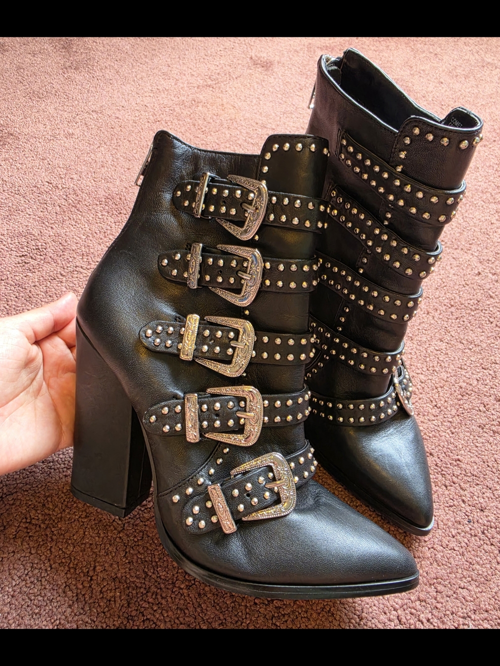 Steve Madden Black Studded Buckle High Heel Ankle Boots